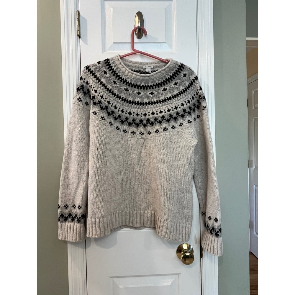 VTG LL Bean Fair Isle Wool Sweater Oatmeal Beige Nordic Knit Pullover LP b7